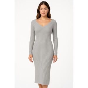 White Mark Winter Collection  Gray Ribbed Knit Long Sleeve V neck Sweater M